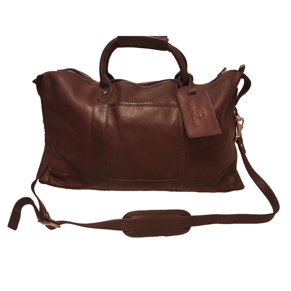 Lexus Vintage Dark Chocolate Brown Leather Duffle Weekender Bag W/ Luggage Tag